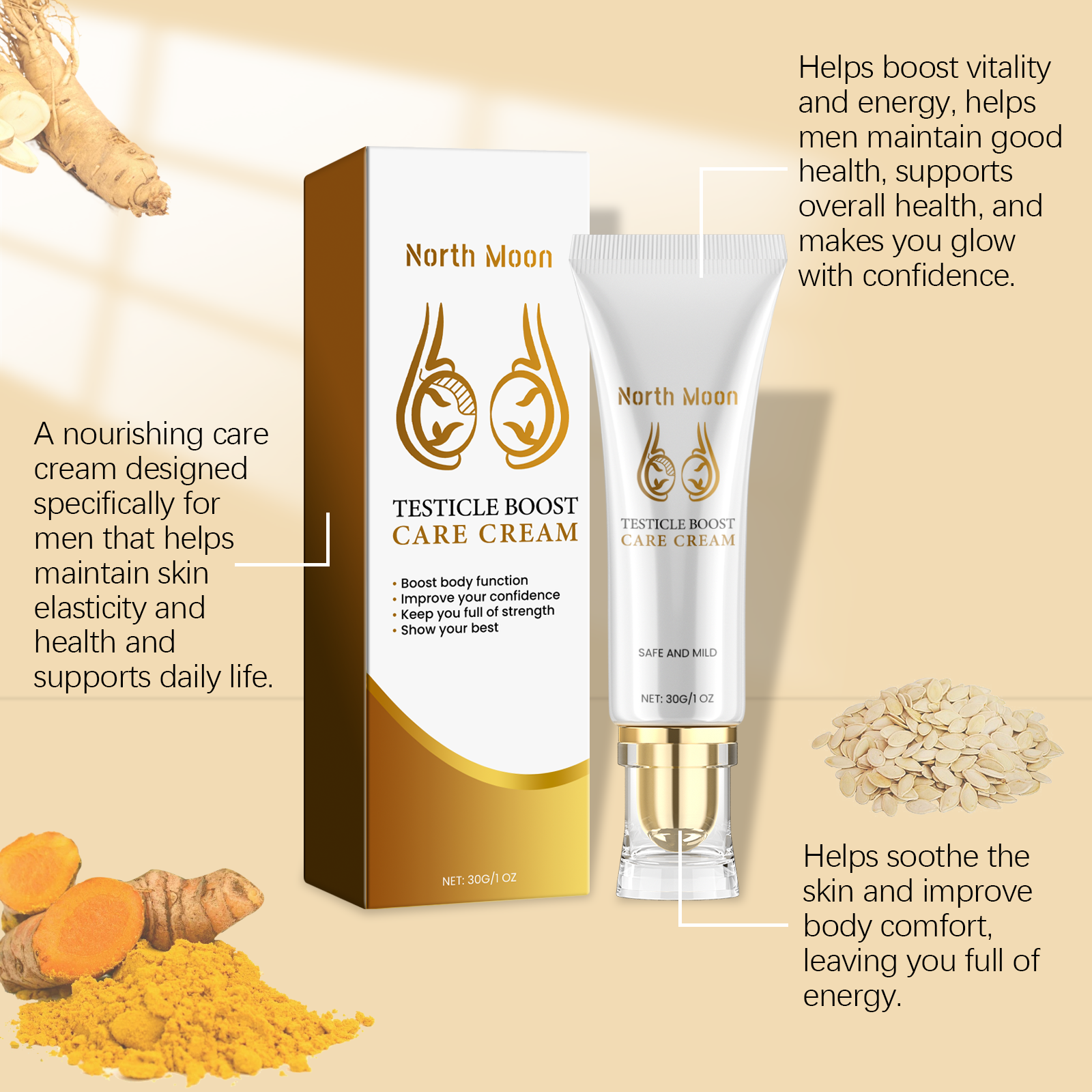 North Moon Male Vitality Care Cream Plant Extract Essence Cares for Men's Vitality Long-lasting Endurance Essential Oil